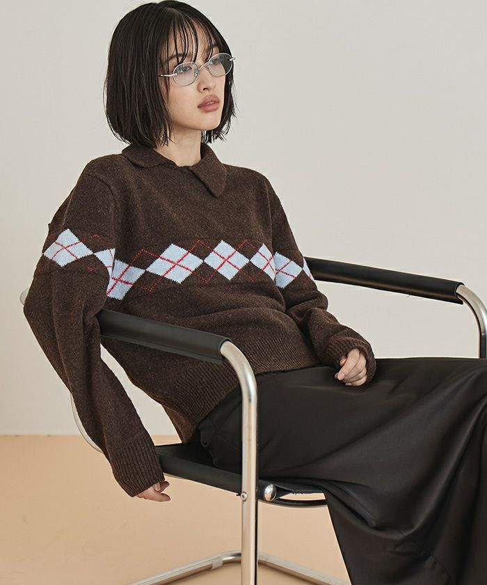 アーガイルアシンメトリーカラーニット【miette ミエット】 | titivate