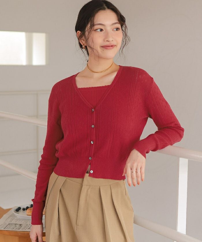 c*u様 The Barnnet ニット　キャミソール+カーディガン　レッド【S アイレットニットカーディガン/キャミソールトップスセット【メール便