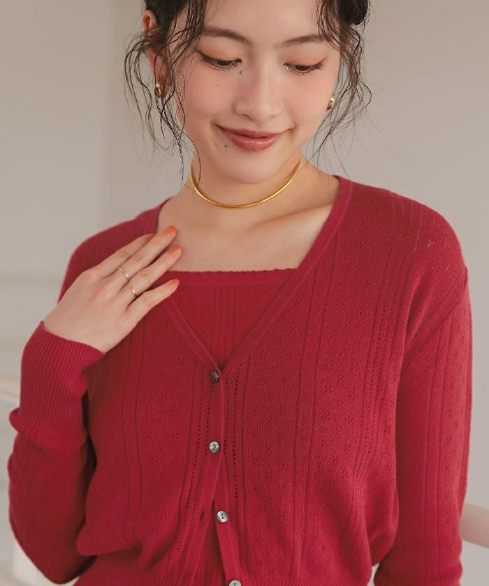 c*u様 The Barnnet ニット　キャミソール+カーディガン　レッド【S アイレットニットカーディガン/キャミソールトップスセット【メール便