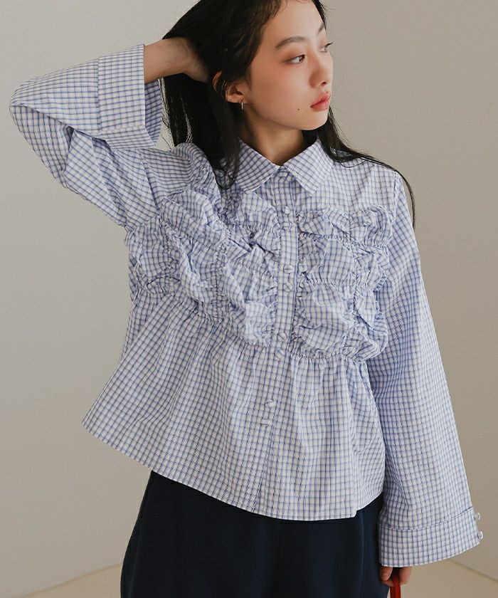 ダブルボタンギャザーデザインブラウス【miette ミエット】【メール便