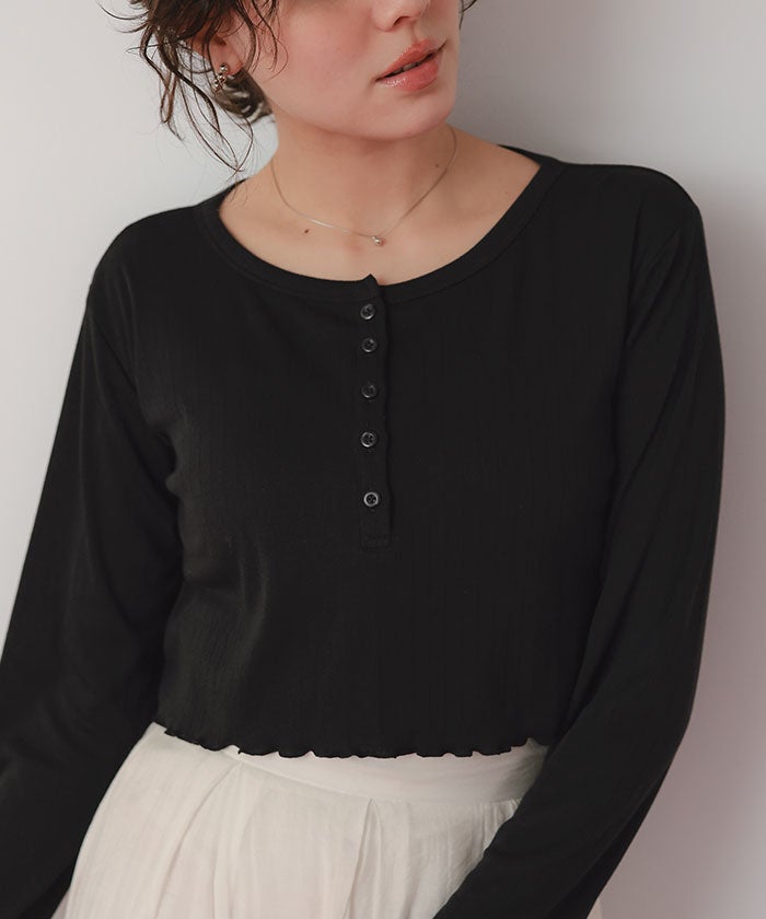 パフスリーブヘンリーネックTOPS tシャツ henry neck lace rib tops /ヘンリーネックレースリブトップス