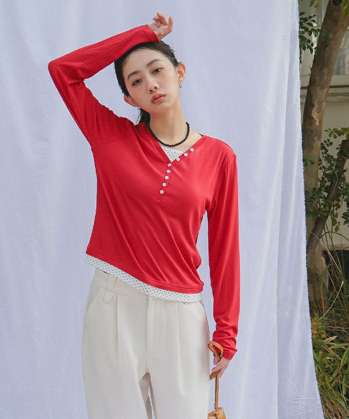 レイヤード風Vネックヘンリートップス【miette ミエット】【メール便可