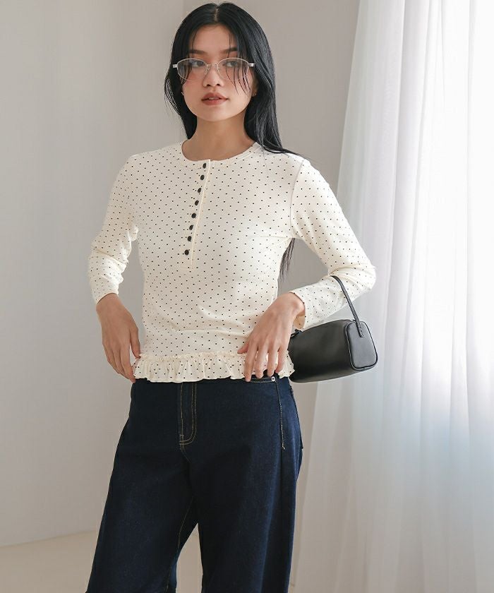 ドット裾フリルヘンリーネックトップス【miette ミエット】【メール便