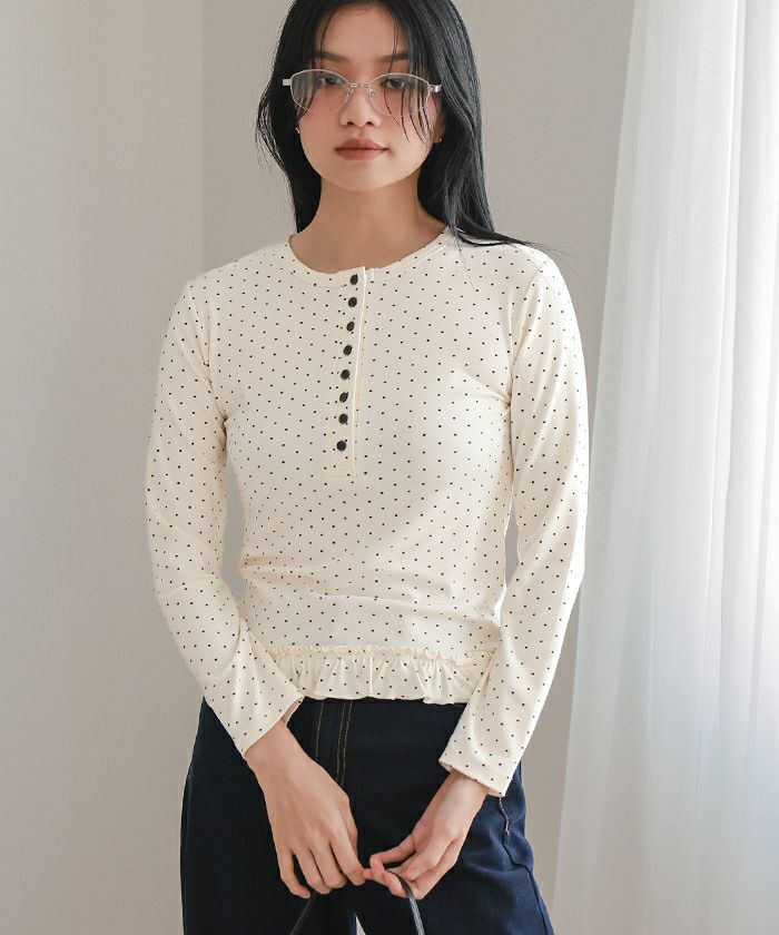 ドット裾フリルヘンリーネックトップス【miette ミエット】【メール便
