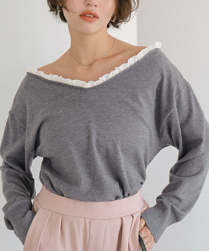 新品タグ付き　Andequal フリル　オフショルダー　トップス　グレー 異素材コンビオフショルダートップス | titivate