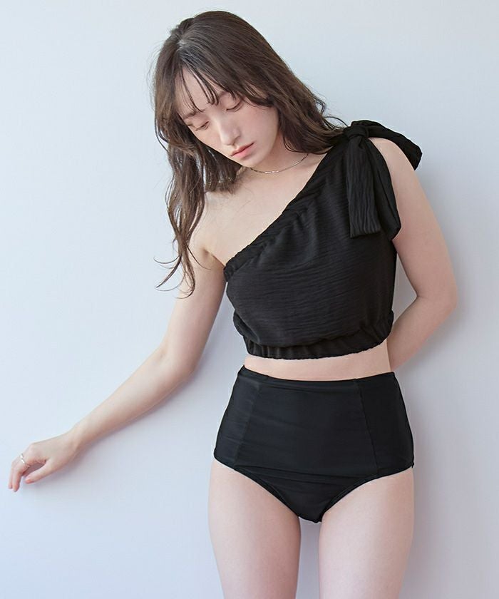 Leim レディース ワンショルダー セパレート水着 ブラック 3点セット/ギャザーワンショルダービキニ×ショートパンツ/水着