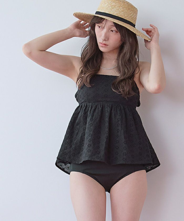 3点セット/フラワーレースペプラムビキニ×ショートパンツ/水着