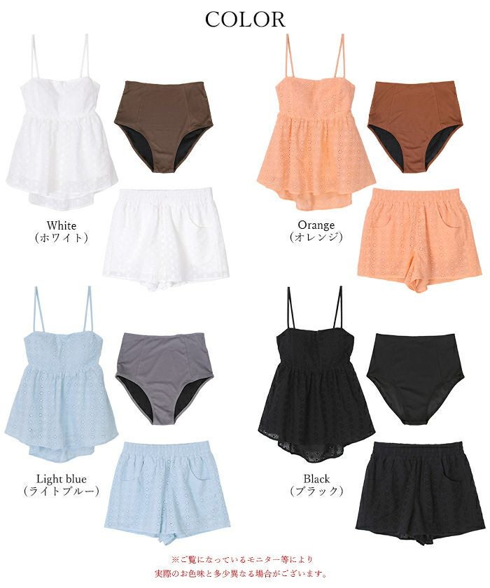 3点セット/フラワーレースペプラムビキニ×ショートパンツ/水着