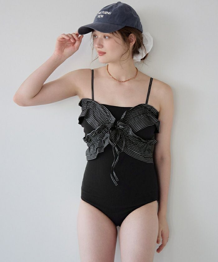 La reveche フリル付きブラックワンピース水着 フリルビスチェ付ワンピース/水着【SEADRESS シードレス】 | titivate