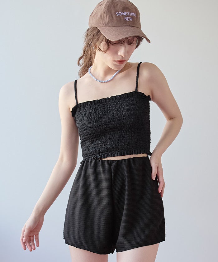 4点セット/長袖トップス付シャーリングビキニ×ショートパンツ/水着