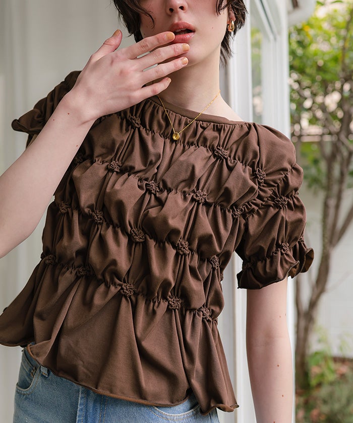 x*i様 カーリングリボンロゴプリントカットソー ポコポコシャーリング半袖Tシャツ【メール便可／100】 | titivate