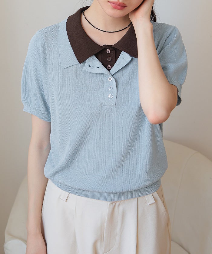 レイヤード風半袖ポロニット【miette ミエット】【メール便可／100