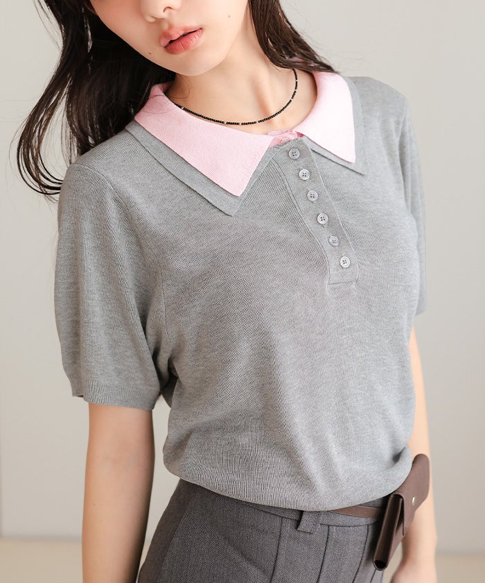 レイヤード風半袖ポロニット【miette ミエット】【メール便可／100