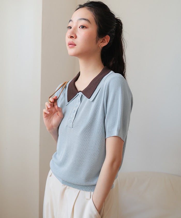 レイヤード風半袖ポロニット【miette ミエット】【メール便可／100