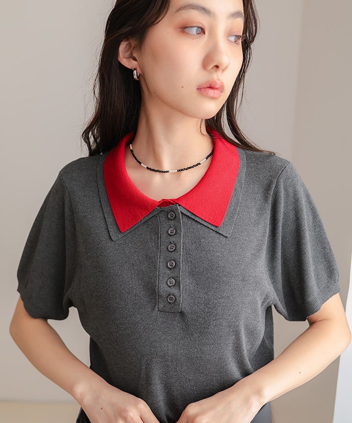 レイヤード風半袖ポロニット【miette ミエット】【メール便可／100