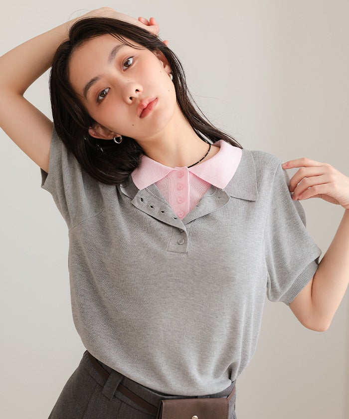 レイヤード風半袖ポロニット【miette ミエット】【メール便可／100
