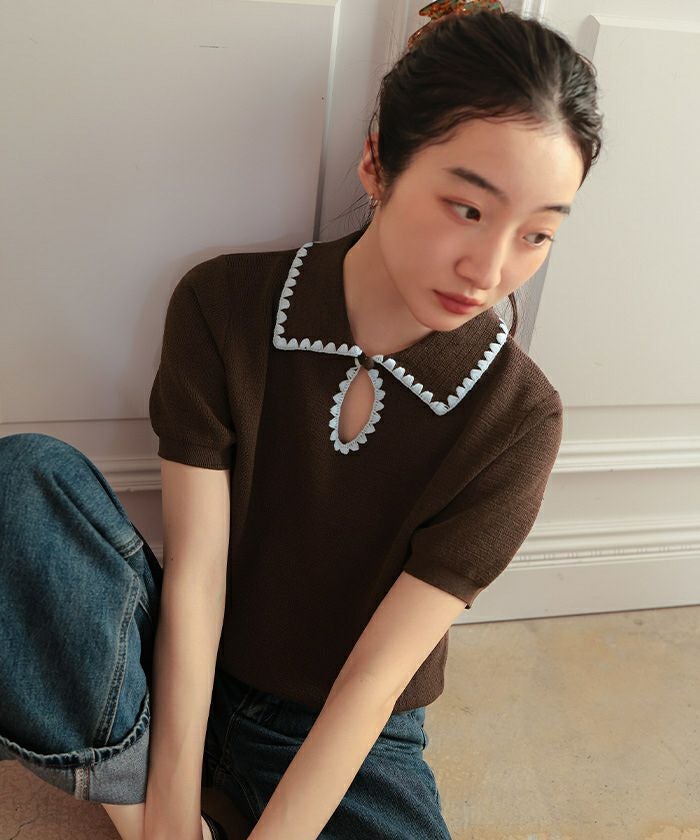 配色ステッチ涙あきポロニット【miette ミエット】【メール便可／100