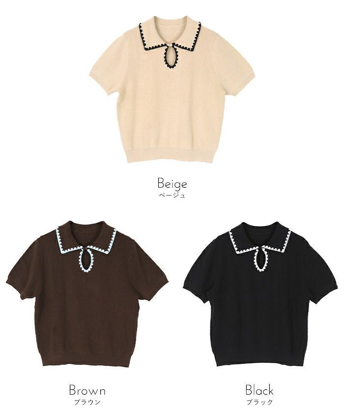配色ステッチ涙あきポロニット【miette ミエット】【メール便可／100