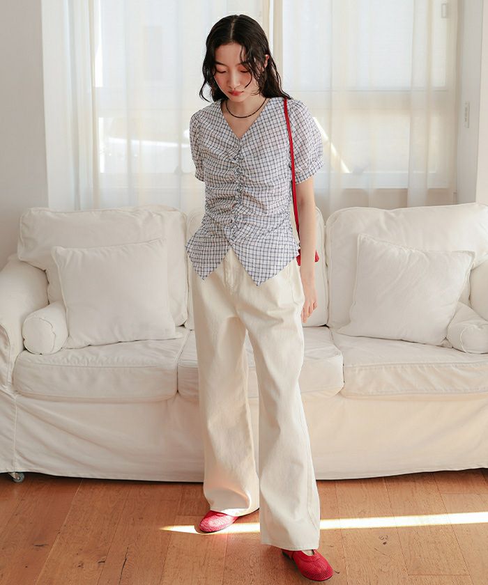 フロントギャザー半袖ブラウス【miette ミエット】【メール便可／100