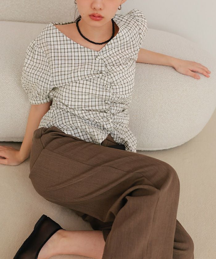 シャツ+ブラウス(半袖+袖なし) France vintage bustier. フロントギャザー半袖ブラウス【miette ミエット】【メール便可／100
