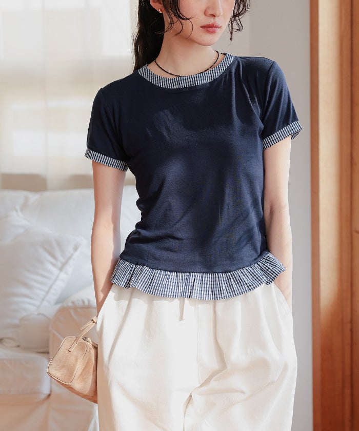 異素材ドッキング半袖トップス【miette ミエット】【メール便可／100