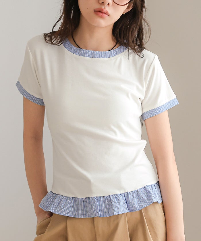 異素材ドッキング半袖トップス【miette ミエット】【メール便可／100