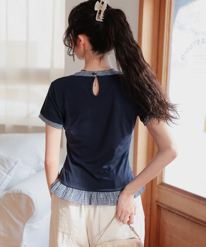 異素材ドッキング半袖トップス【miette ミエット】【メール便可／100