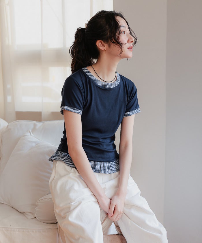 異素材ドッキング半袖トップス【miette ミエット】【メール便可／100