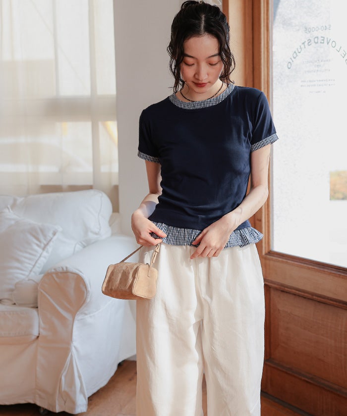 異素材ドッキング半袖トップス【miette ミエット】【メール便可／100
