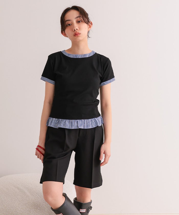 異素材ドッキング半袖トップス【miette ミエット】【メール便可／100