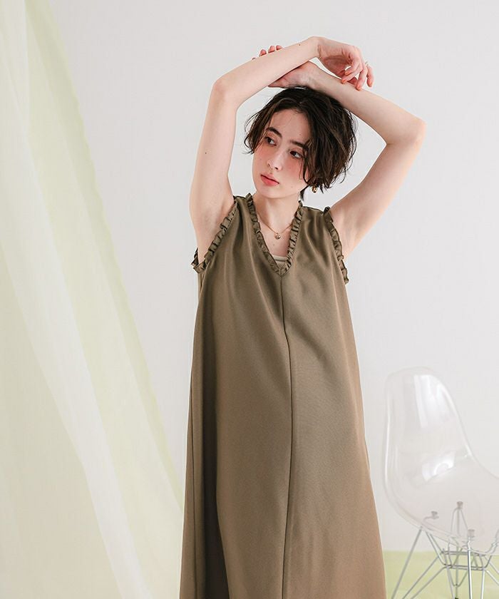 VALENTINO ROMAビジューノースリーブワンピース アイボリー 40/6 リネンライクVネックフリルデザインノースリーブワンピース | titivate