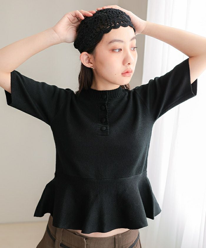 くるみ釦ペプラム半袖ニット【miette ミエット】【メール便可／100