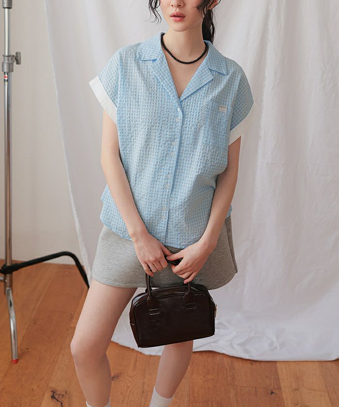 Miii☆さま♡ミドルグレー オープンカラーダブルボタン半袖シャツ【miette ミエット】【メール便