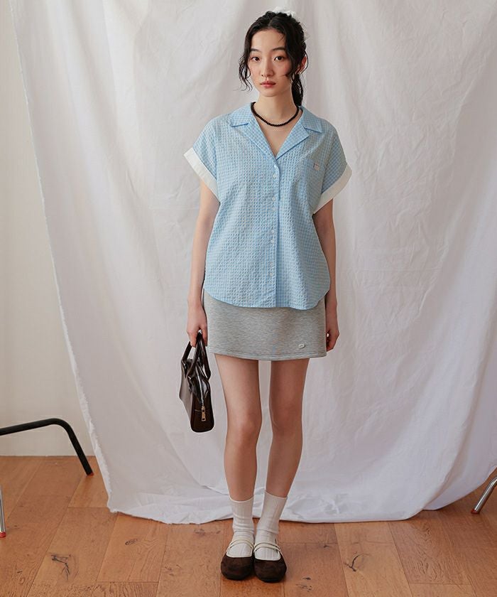 Miii☆さま♡ミドルグレー オープンカラーダブルボタン半袖シャツ【miette ミエット】【メール便