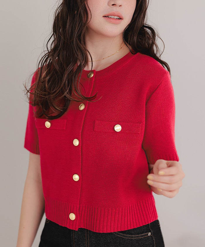 ゴールド釦ハーフスリーブニットカーディガン | titivate