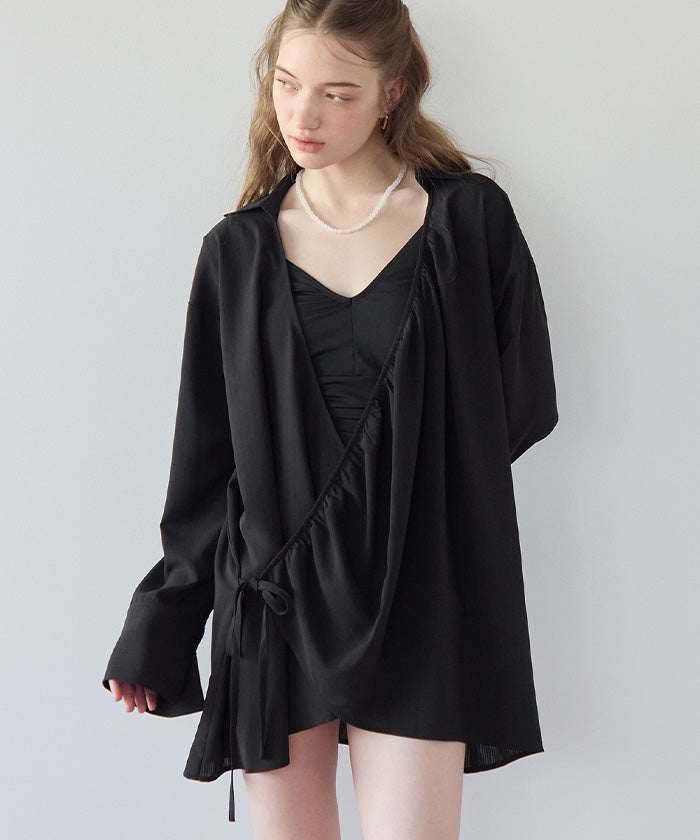【極美品】ガサ　カシュクール羽織　コットン　ロング　ブラック　Fサイズ カシュクールギャザーオーバーサイズシャツ/ラッシュガード【SEADRESS