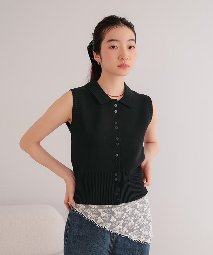 新品未使用　タグ付き　Bibiy ドット柄襟付きノースリーブニット ダブルボタン襟付きノースリーブニット【miette ミエット】 | titivate