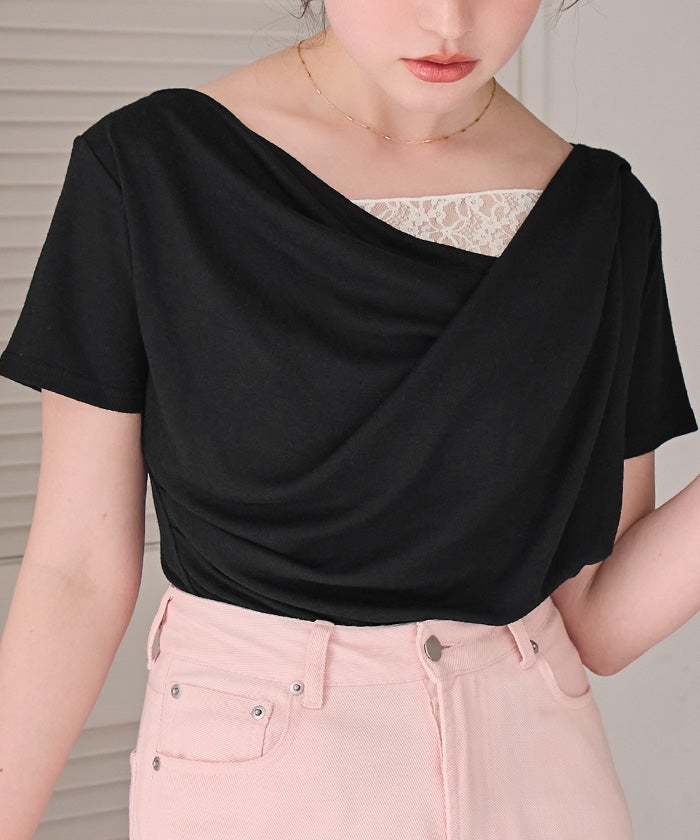 オフショルダーハーフスリーブレースドッキングTシャツ【メール便可