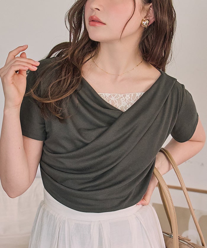 オフショルダーハーフスリーブレースドッキングTシャツ【メール便可