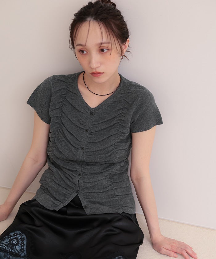 シャーリング半袖ニットカーディガン【miette ミエット】【メール便可