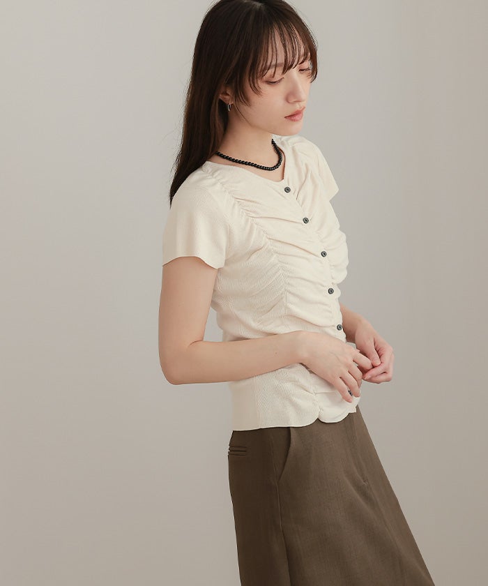 シャーリング半袖ニットカーディガン【miette ミエット】【メール便可