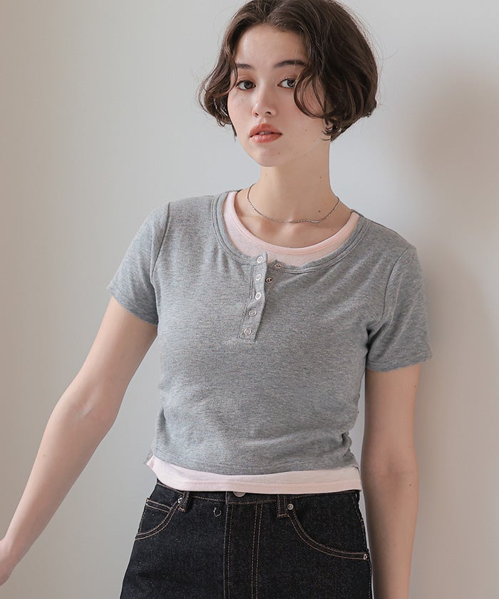 レイヤード風ヘンリーネックカットソーTシャツ【メール便可／100