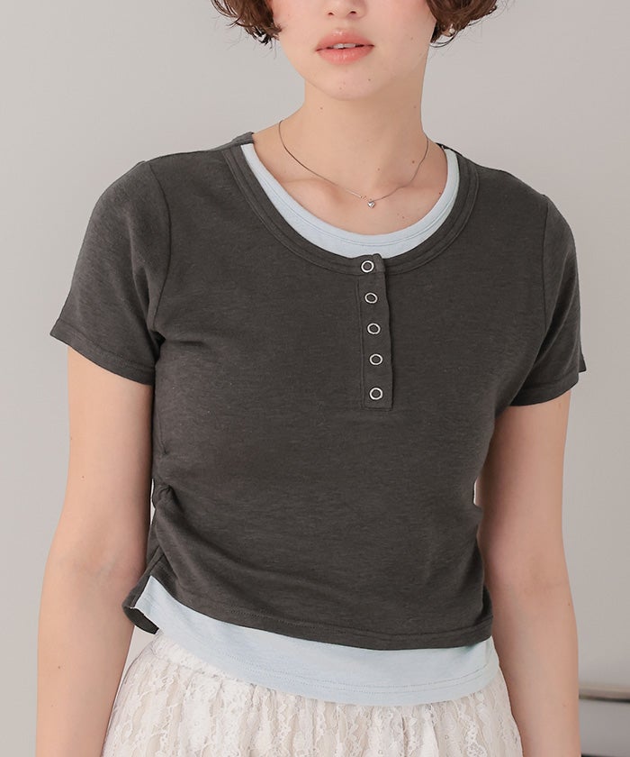 レイヤード風ヘンリーネックカットソーTシャツ【メール便可／100