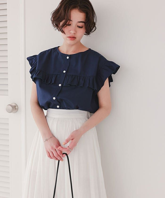 【NAVY】フリルカラー フレンチスリーブ ブラウス フリルカラー フレンチスリーブ ブラウス
